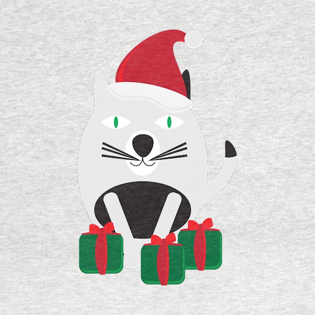 White Black Cartoon Cat with Santa Hat and Green Red Gifts by sigdesign